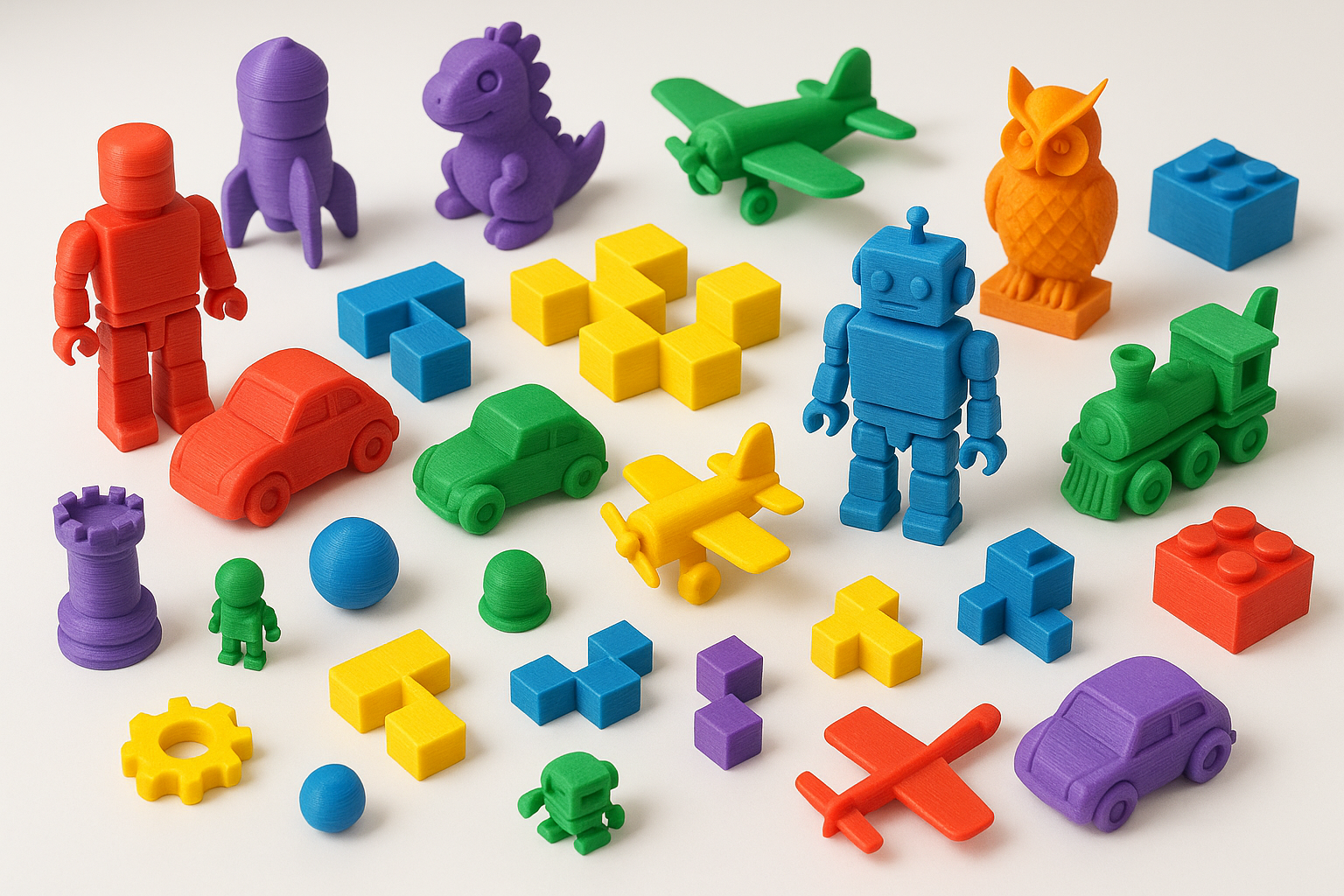 A collection of 3D printed toys and objects